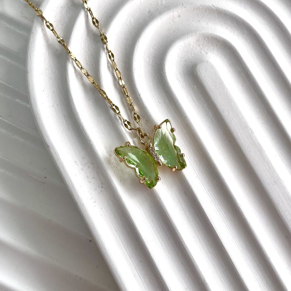 Çelik Kristal Yeşil Kelebek Kolye