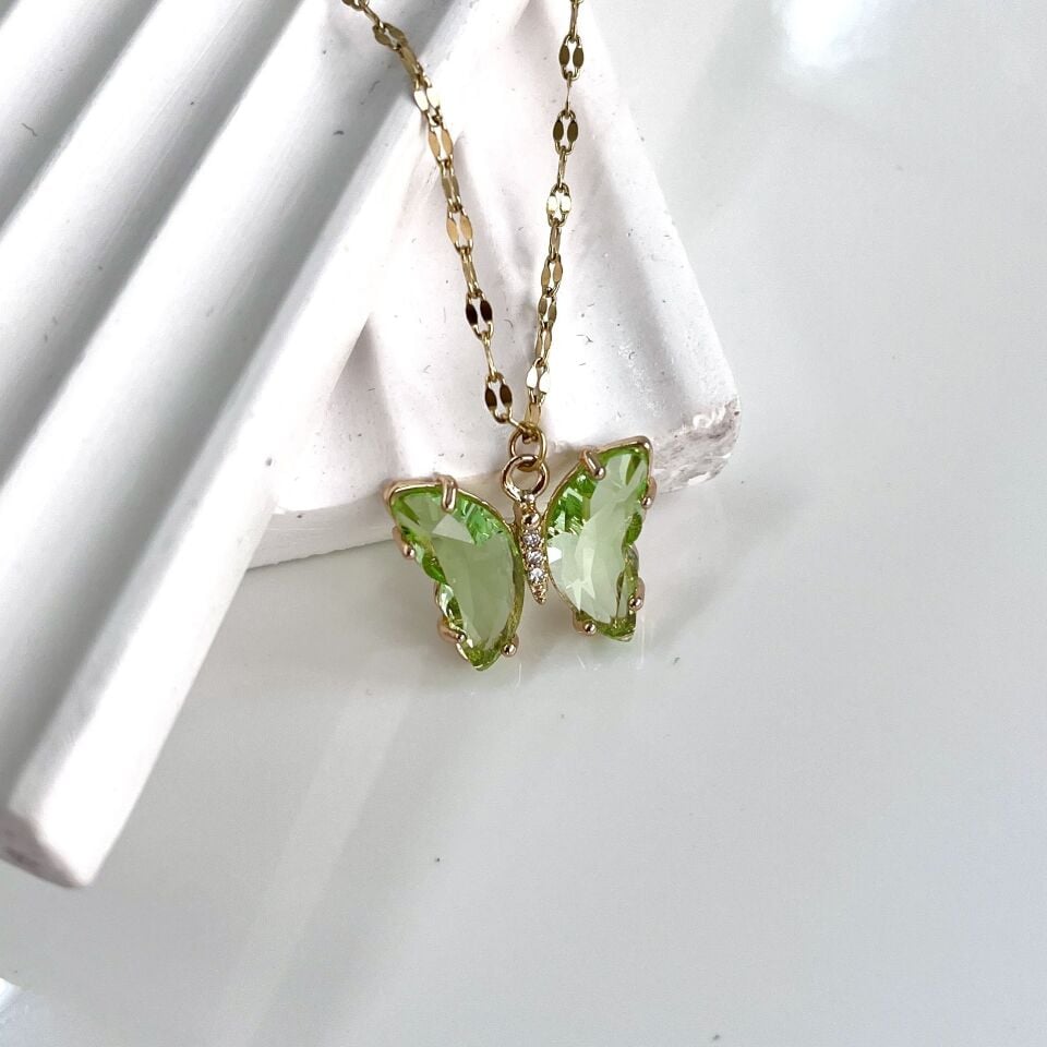 Çelik Kristal Yeşil Kelebek Kolye