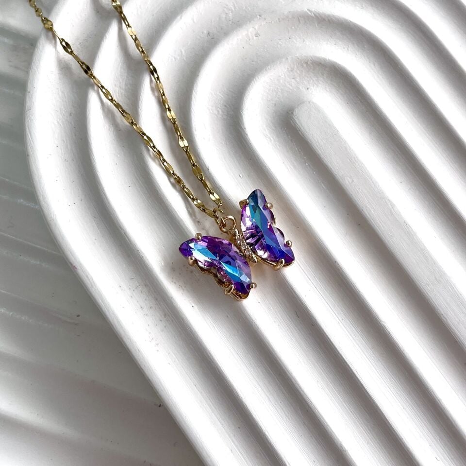 Çelik Kristal Mor Kelebek Kolye