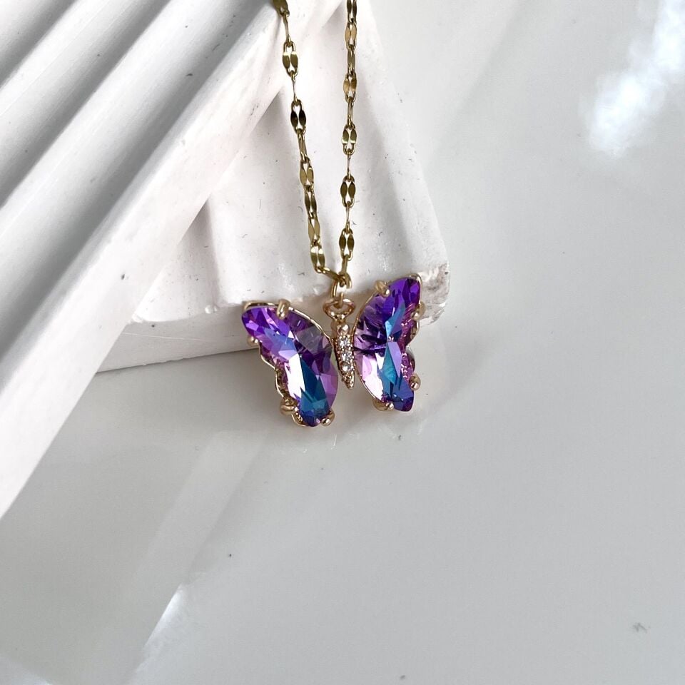 Çelik Kristal Mor Kelebek Kolye