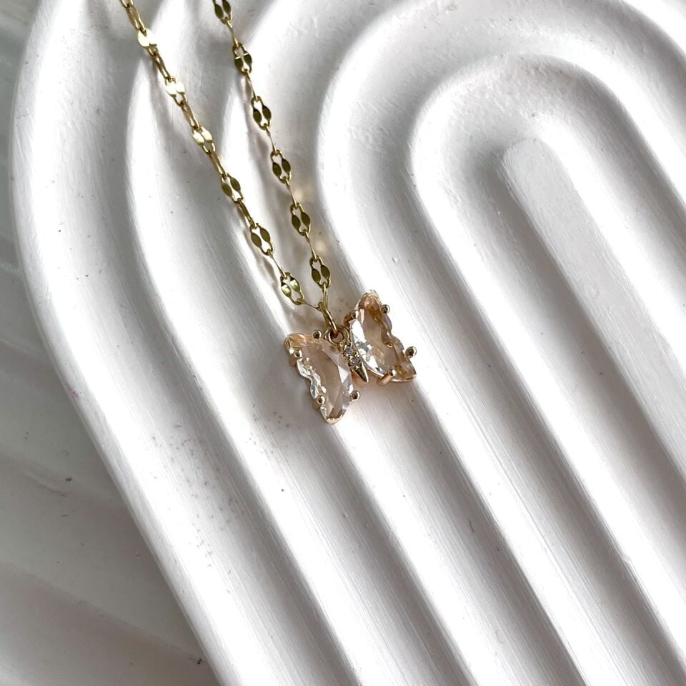 Çelik Kristal Kelebek Kolye