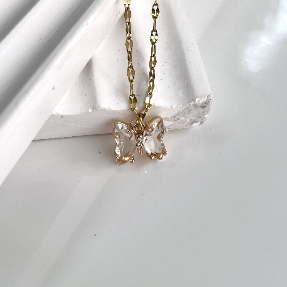 Çelik Kristal Kelebek Kolye