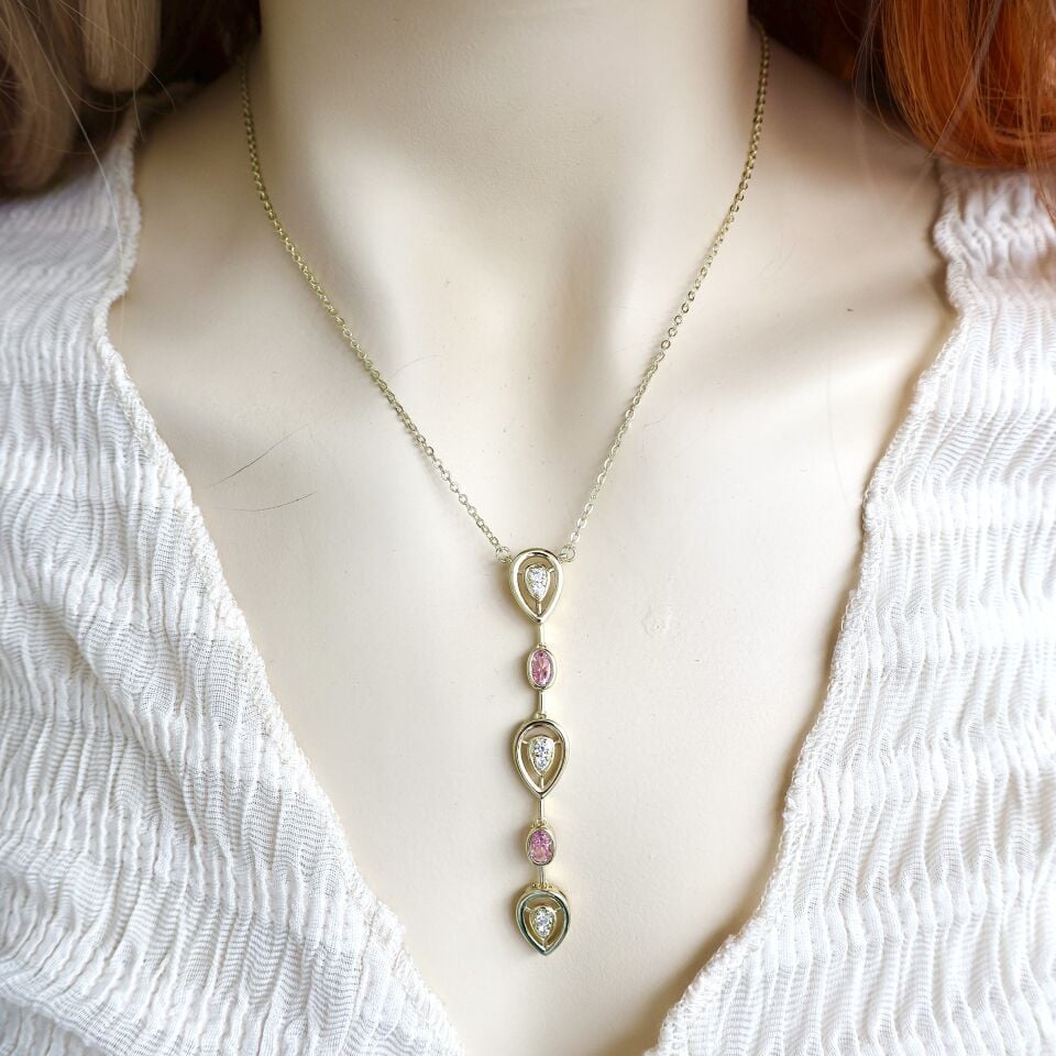 Pembe Taşlı Sallantı Kolye