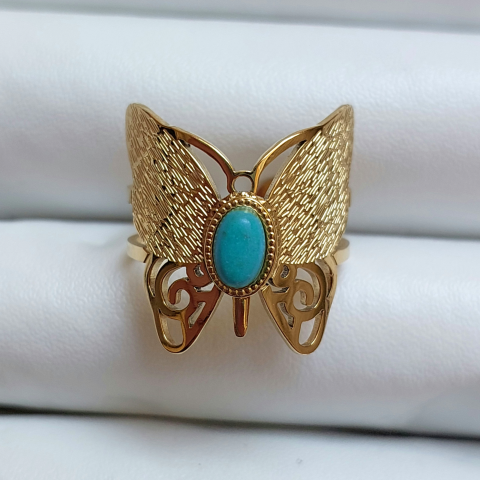 Çelik Kelebek Turkuaz Taşı Yüzük