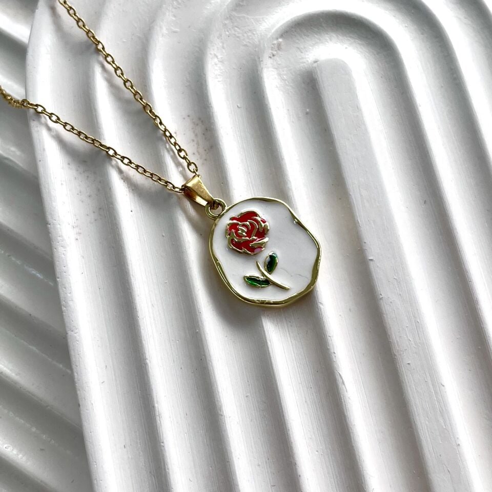 Çelik Gül Desenli Kolye