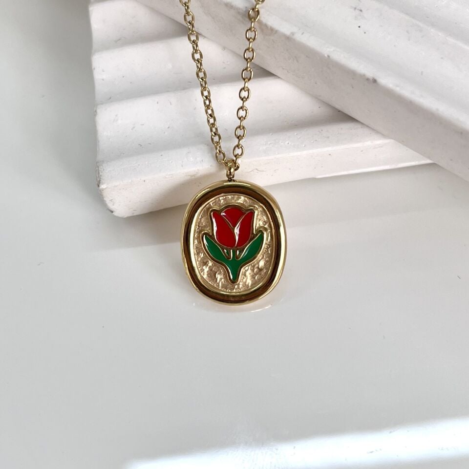 Çelik Lale Desenli Kolye