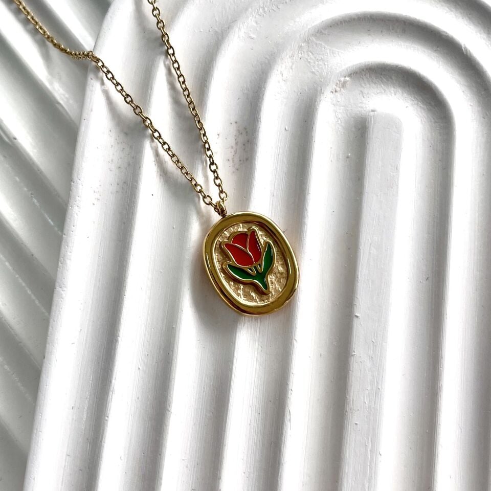 Çelik Lale Desenli Kolye