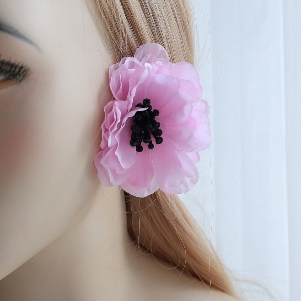 Pembe Kumaş Çiçek Küpe