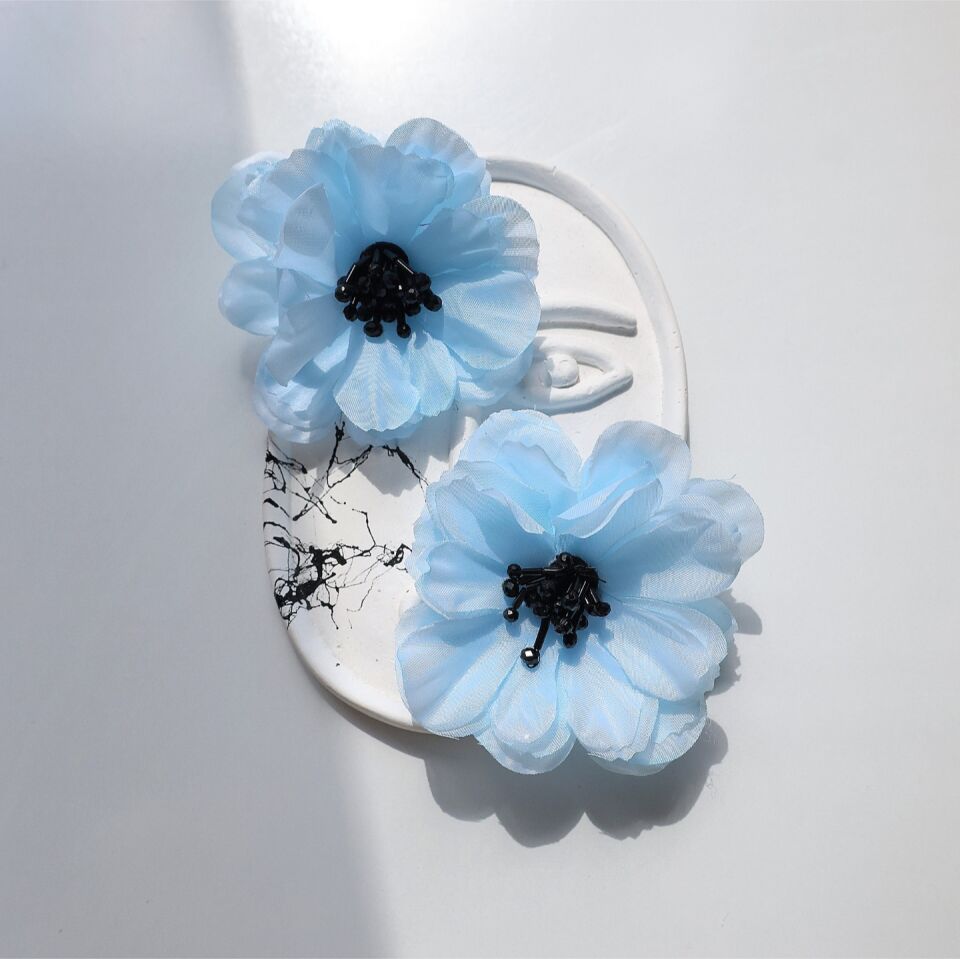 Mavi Kumaş Çiçek Küpe