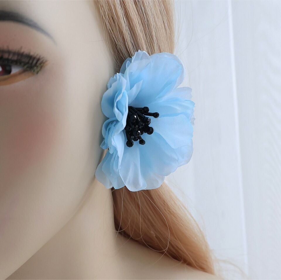 Mavi Kumaş Çiçek Küpe