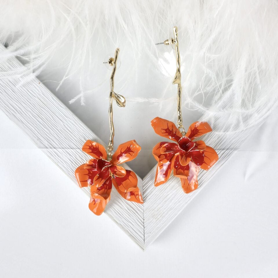 Turuncu Çiçek Küpe