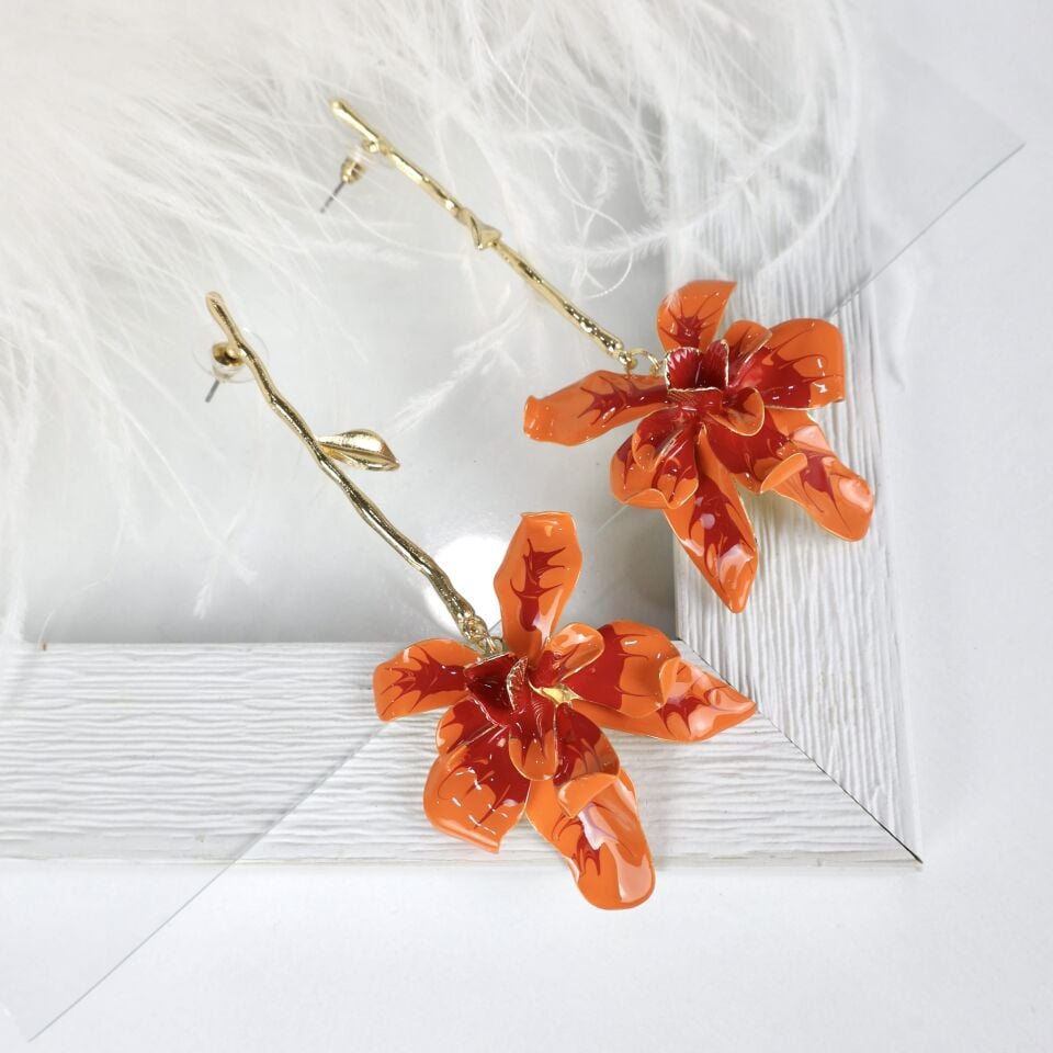 Turuncu Çiçek Küpe