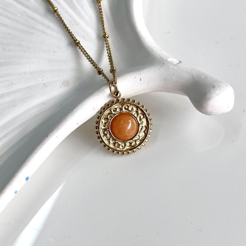 Çelik Turuncu Taşlı Kolye