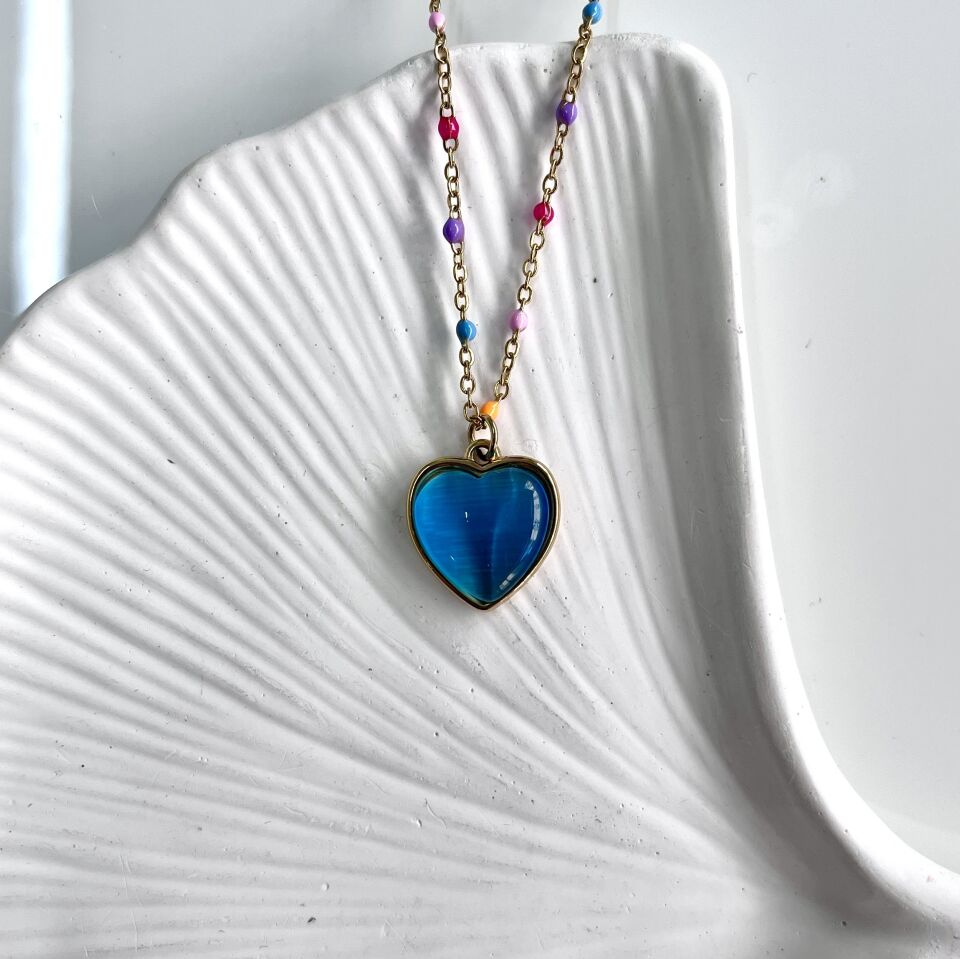 Çelik Kedi Gözü Kalp Kolye