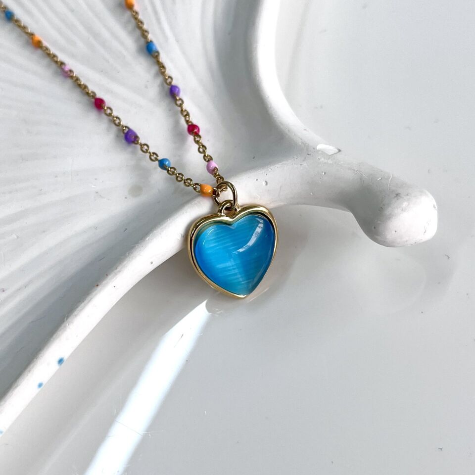 Çelik Kedi Gözü Kalp Kolye