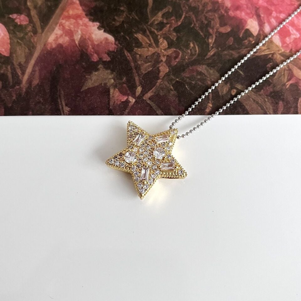 Çelik Zirkon Taşlı Yıldız Kolye