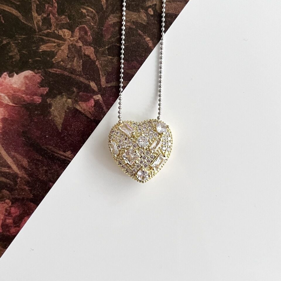 Çelik Zirkon Taşlı Kalp Kolye