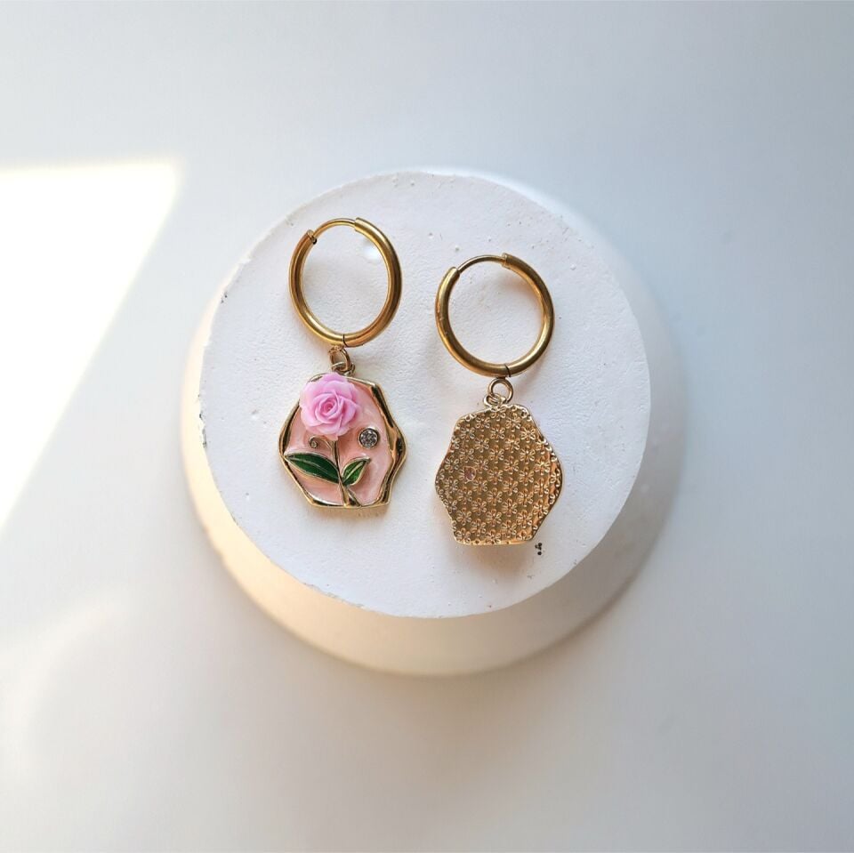 Çelik Gül Küpe (pembe)