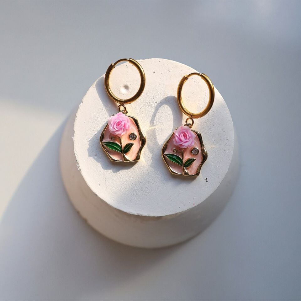 Çelik Gül Küpe (pembe)