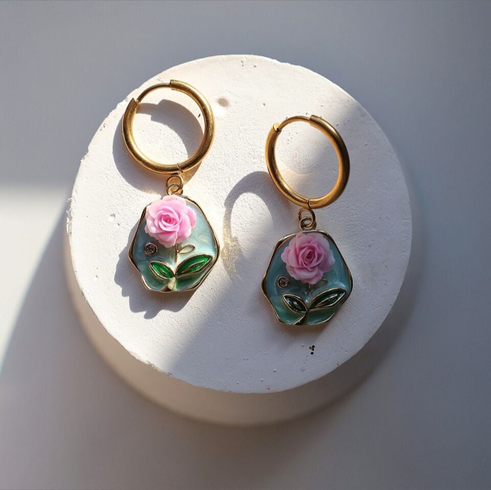 Çelik Gül Küpe (yeşil)