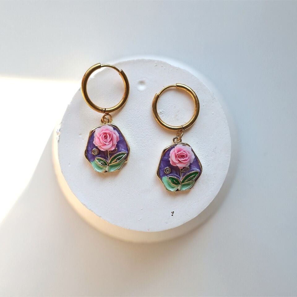 Çelik Gül Küpe (mor)