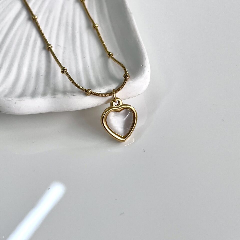 Çelik Kedi Gözü Taşı Kalp Kolye