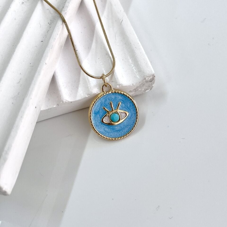 Çelik Turkuaz Taşı Göz Kolye