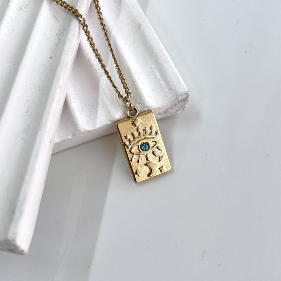 Çelik Göz Detay Taşlı Kolye