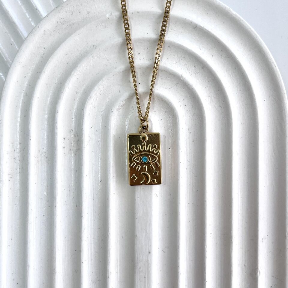 Çelik Göz Detay Taşlı Kolye