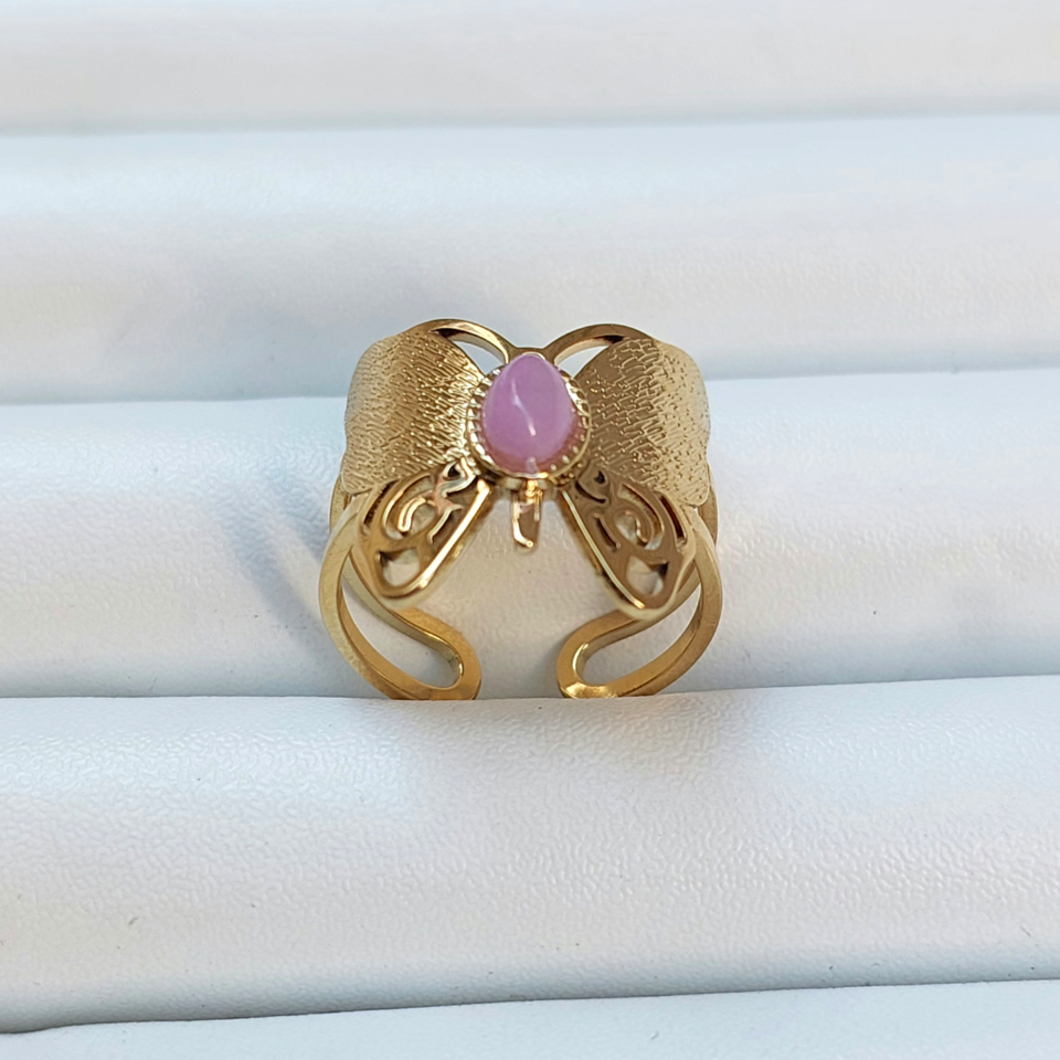 Çelik Pembe Taşlı Kelebek Yüzük