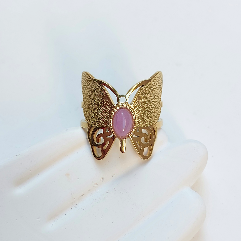 Çelik Pembe Taşlı Kelebek Yüzük
