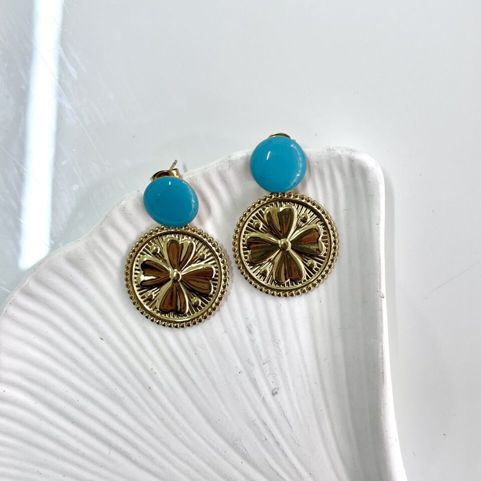 Çelik Mavi Taşlı Yonca Küpe