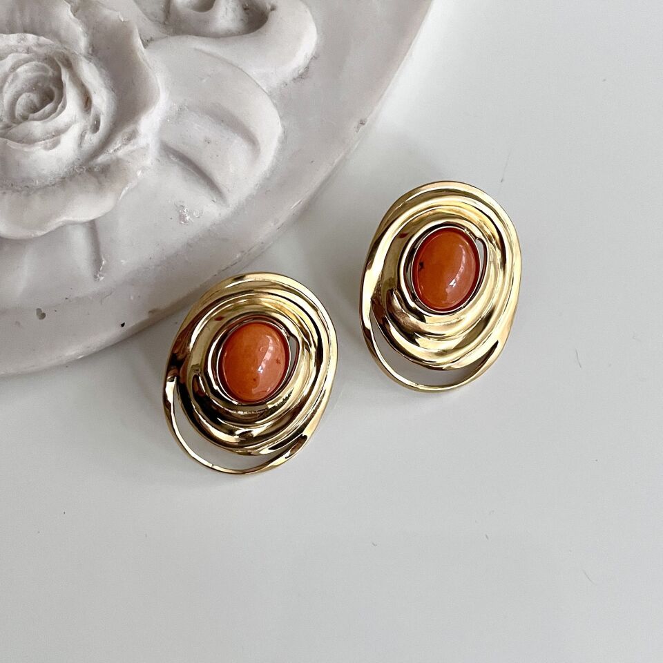 Çelik Turuncu Taşlı Küpe