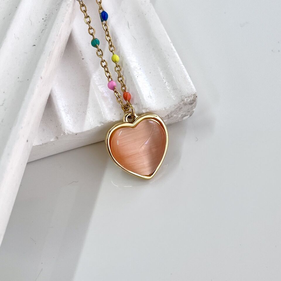 Çelik Kedi Gözü Kalp Kolye