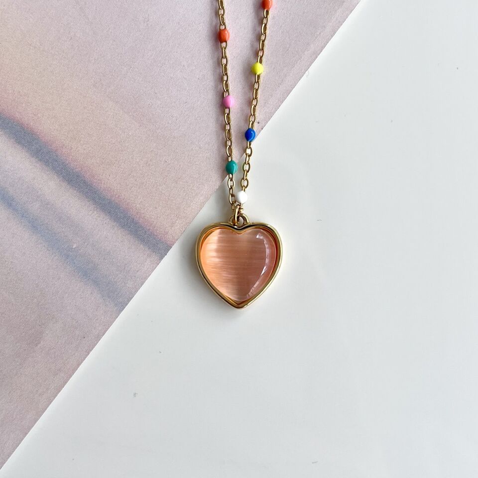 Çelik Kedi Gözü Kalp Kolye