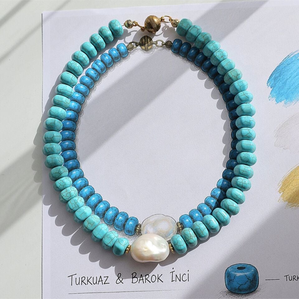 Turkuaz Taşı İnci Kolye