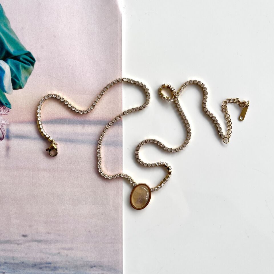 Çelik Su Yolu Kuvars Oval Kolye