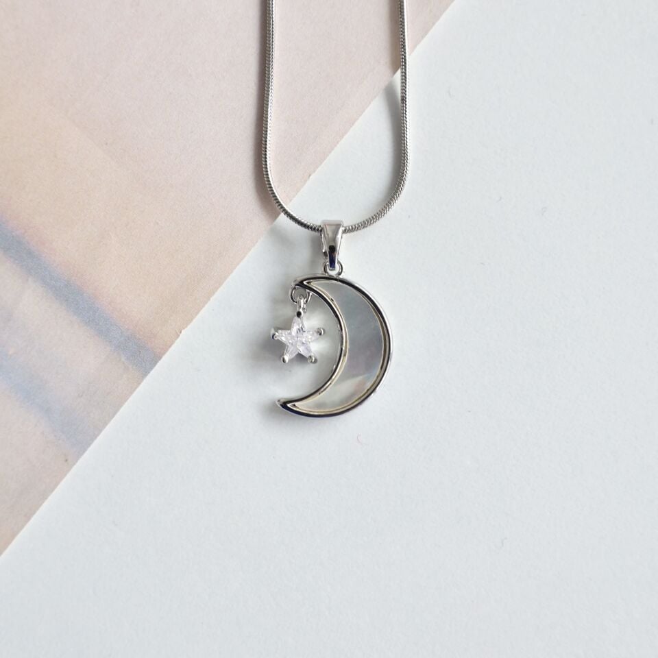 Çelik Sedef Taşı Ay & Yıldız Kolye