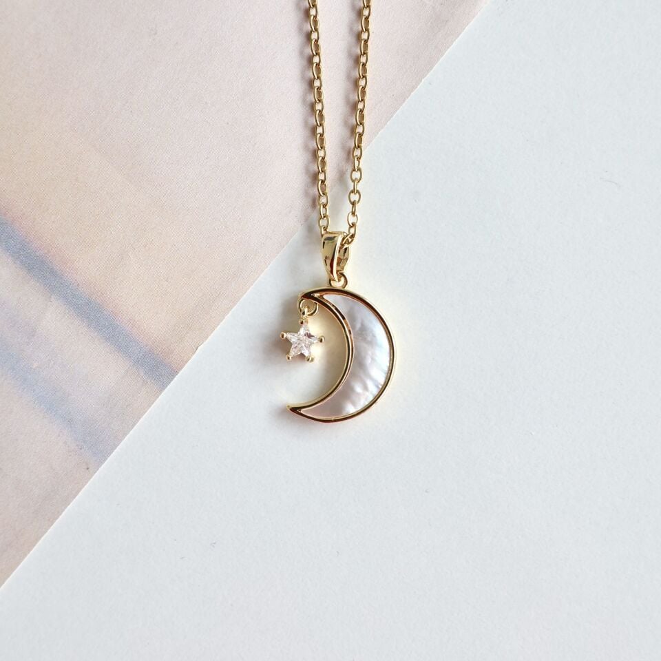 Çelik Sedef Taşı Ay & Yıldız Kolye