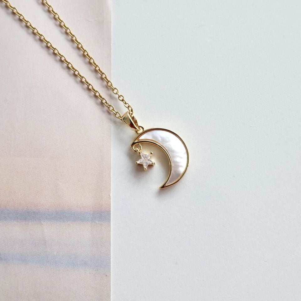 Çelik Sedef Taşı Ay & Yıldız Kolye
