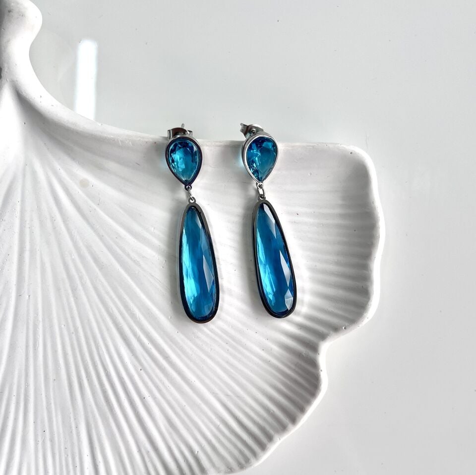 Çelik Kristal Mavi Küpe