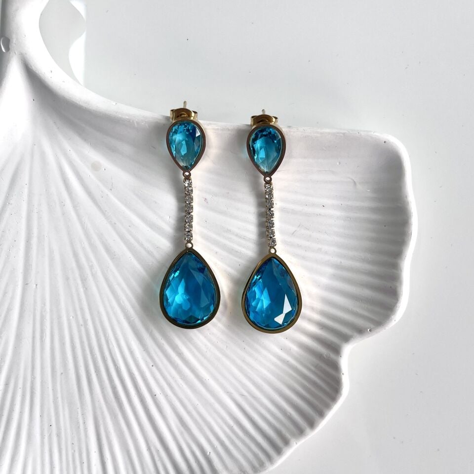 Çelik Kristal Mavi Küpe