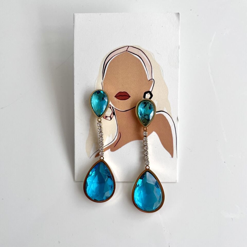 Çelik Kristal Mavi Küpe