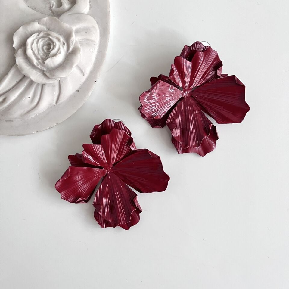 İthal Bordo Çiçek Küpe