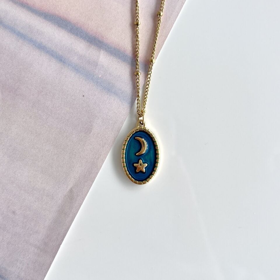 Çelik Yeşil Ay & Yıldız Kolye