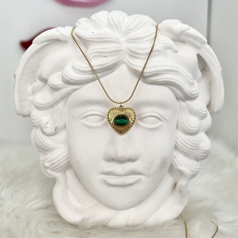 Çelik Yeşil Taşlı Kalp Kolye