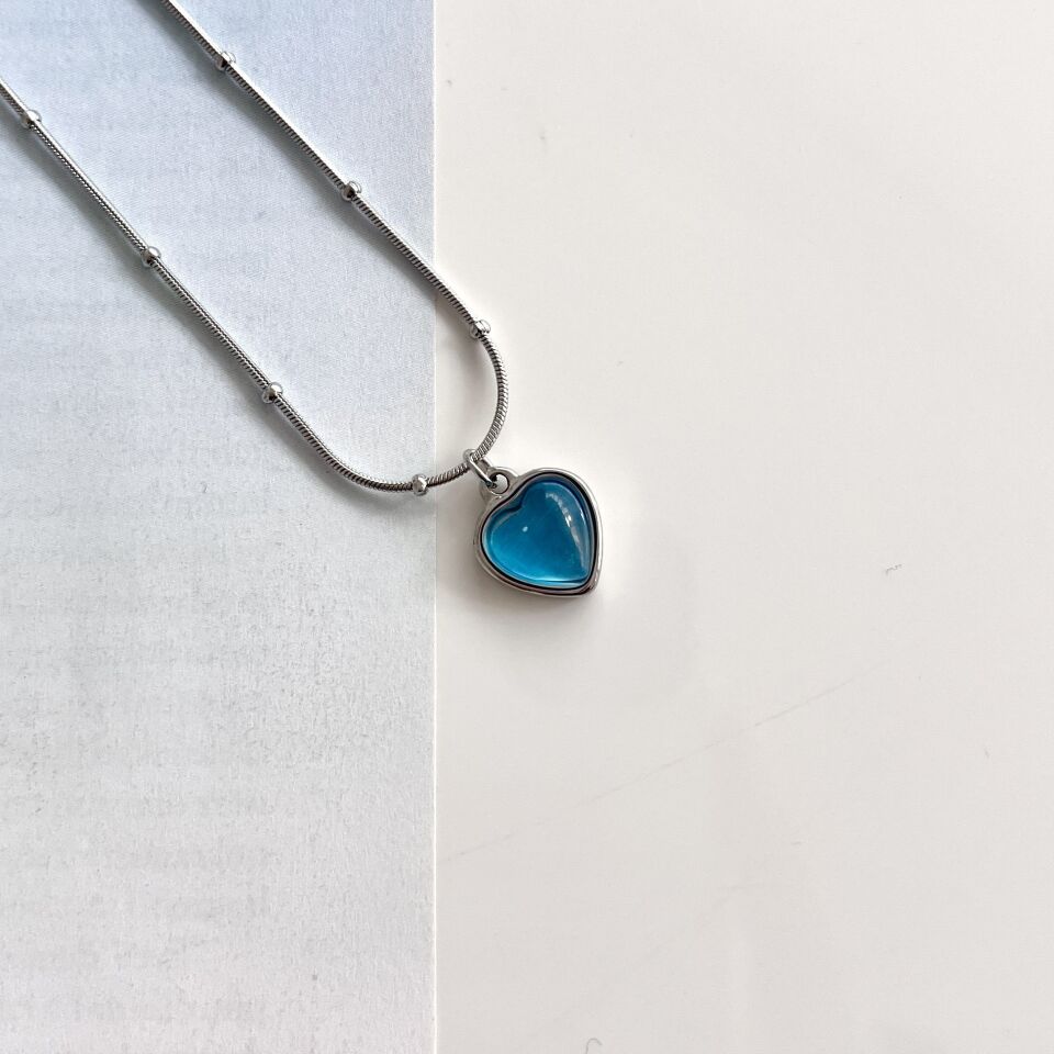 Çelik Kedi Gözü Mavi Kalp Kolye