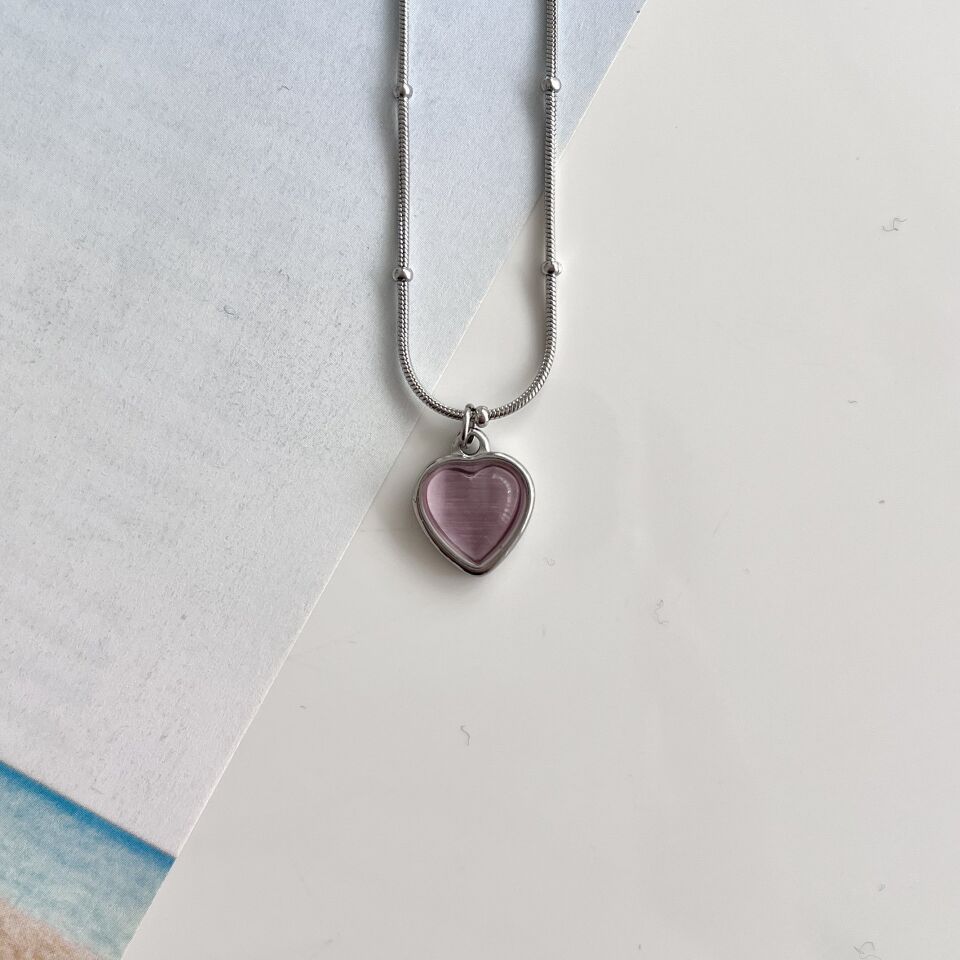 Çelik Kedi Gözü Pembe Kalp Kolye