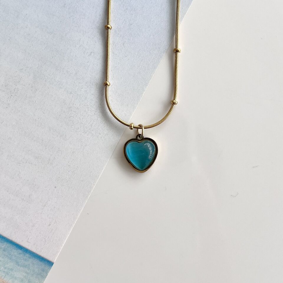 Çelik Kedi Gözü Mavi Kalp Kolye