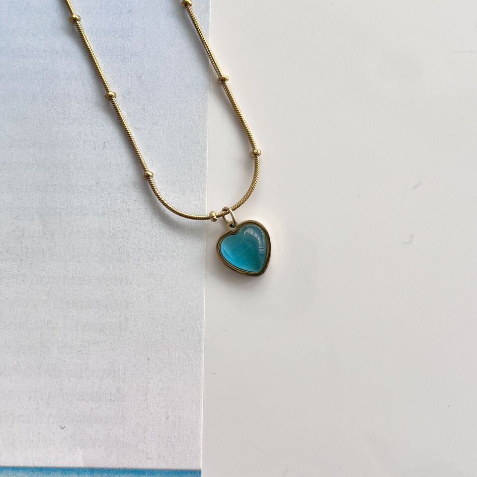 Çelik Kedi Gözü Mavi Kalp Kolye